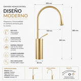 Grifería Monocontrol Arco Alto Metálica | Cuello Giratorio 360° para Lavamanos