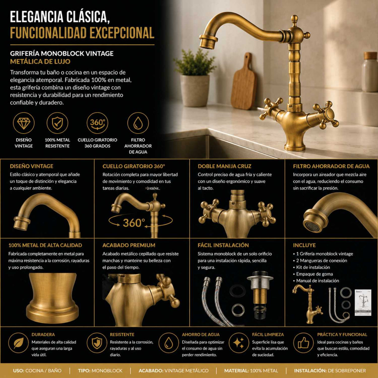 Grifería Monoblock Vintage Metálica de Lujo | Cuello Giratorio 360° para Cocina o Baño