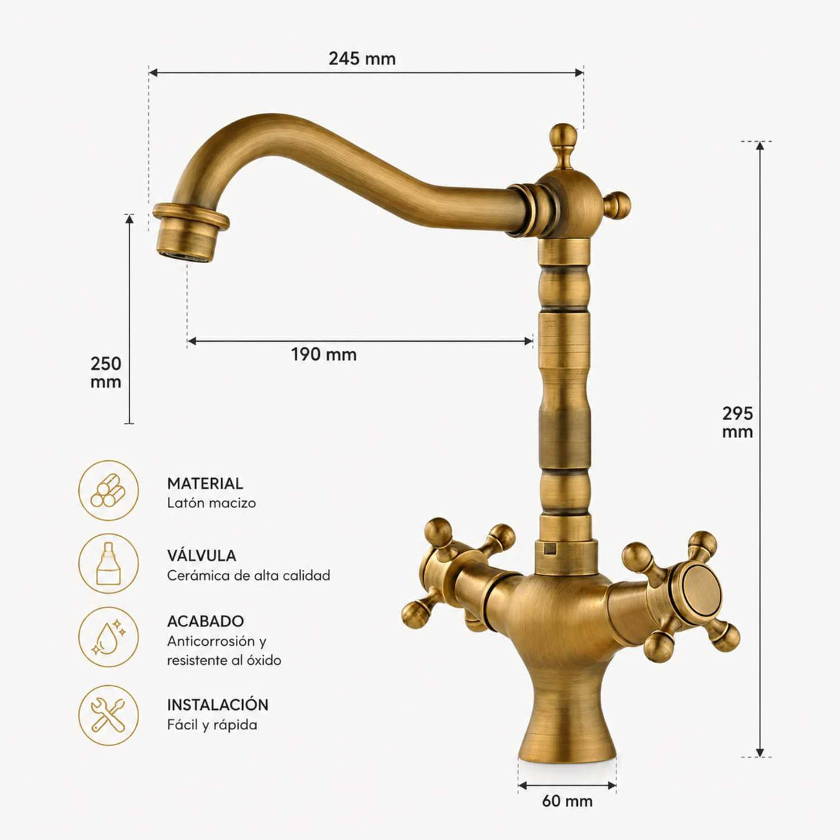 Grifería Monoblock Vintage Metálica de Lujo | Cuello Giratorio 360° para Cocina o Baño