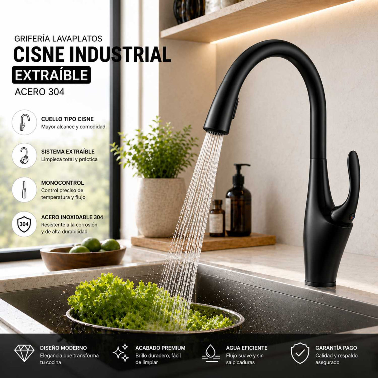 Grifería Lavaplatos Tipo Cisne Extraíble Cromada | Monocontrol 360° de Alta Calidad