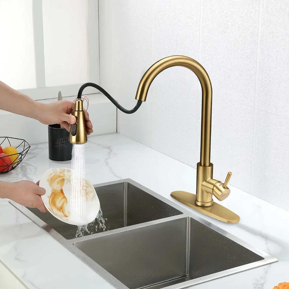 Grifería Lavaplatos Extraíble Oro Cepillado Alta Calidad