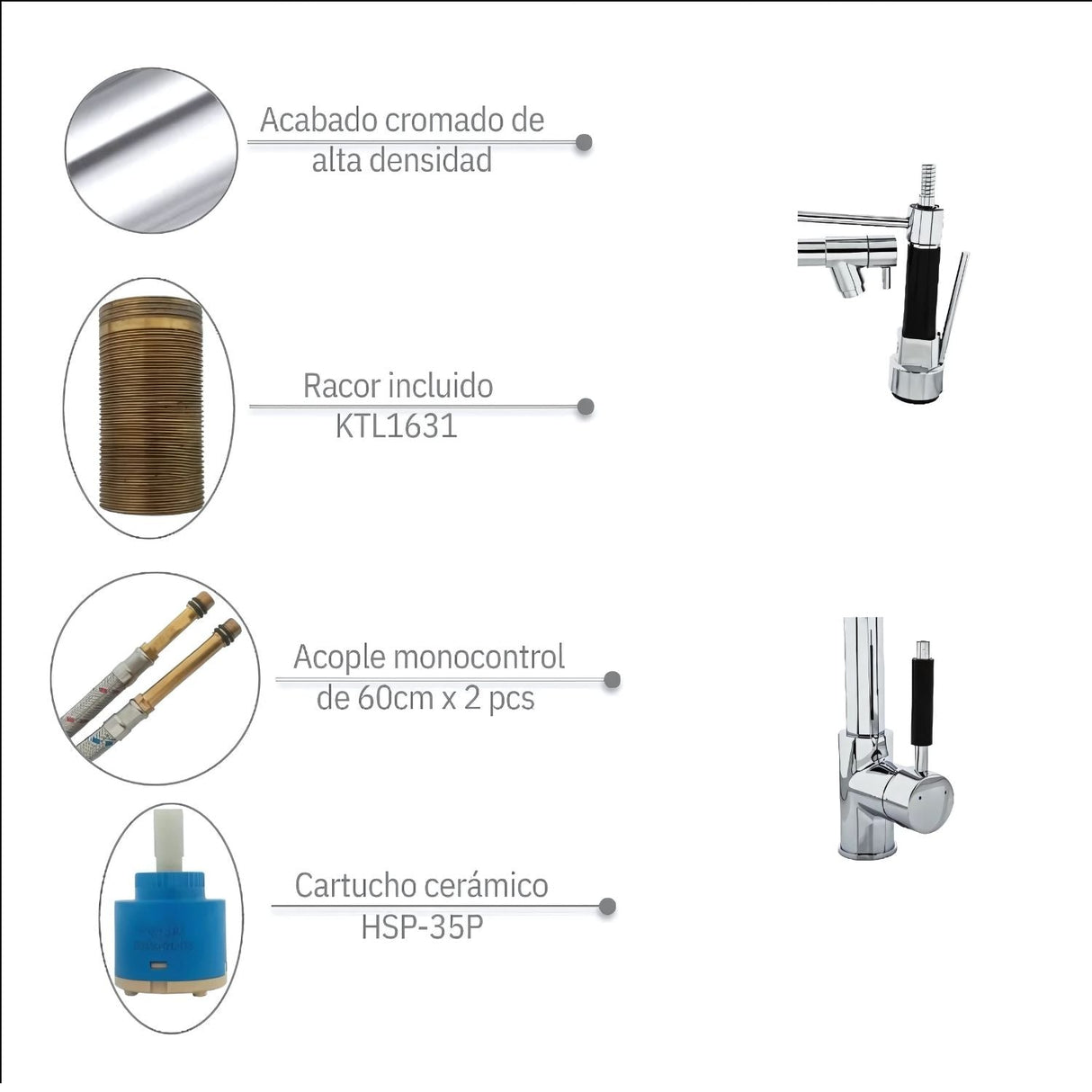 Grifería monocontrol espiral gourmet doble salida cromada - detalle del producto