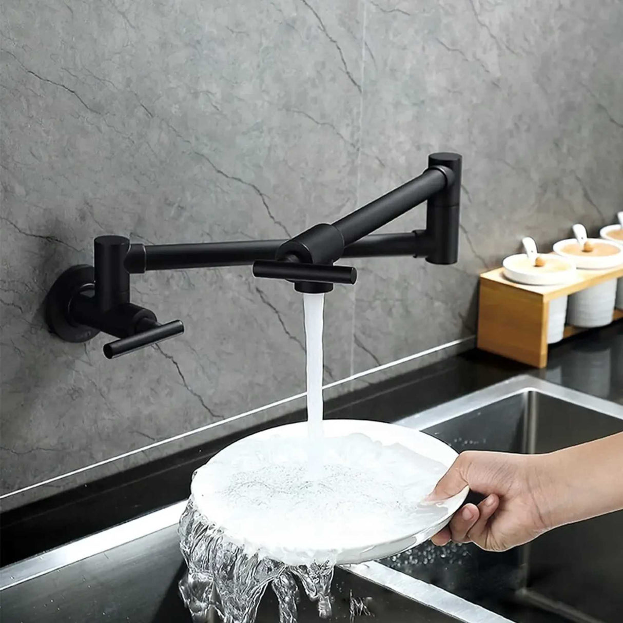 Llave Pared Escualizable Acero Inoxidable 304 Negro Mate 58 cm | Grifería Flexible Moderna