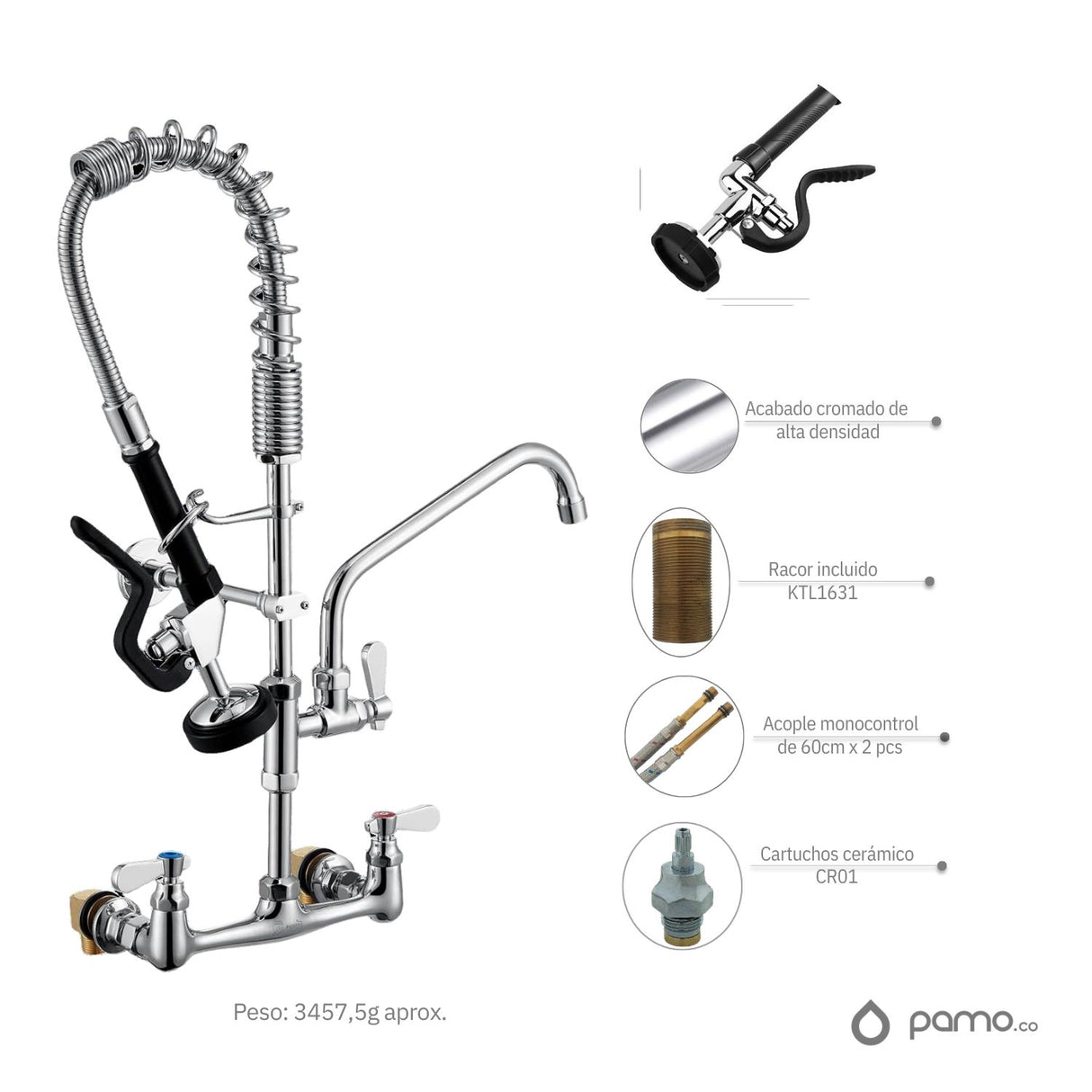 Grifería Lavaplatos Industrial Doble - Cuello Giratorio 360° - Pared 8” (20 cm) - Alta Resistencia