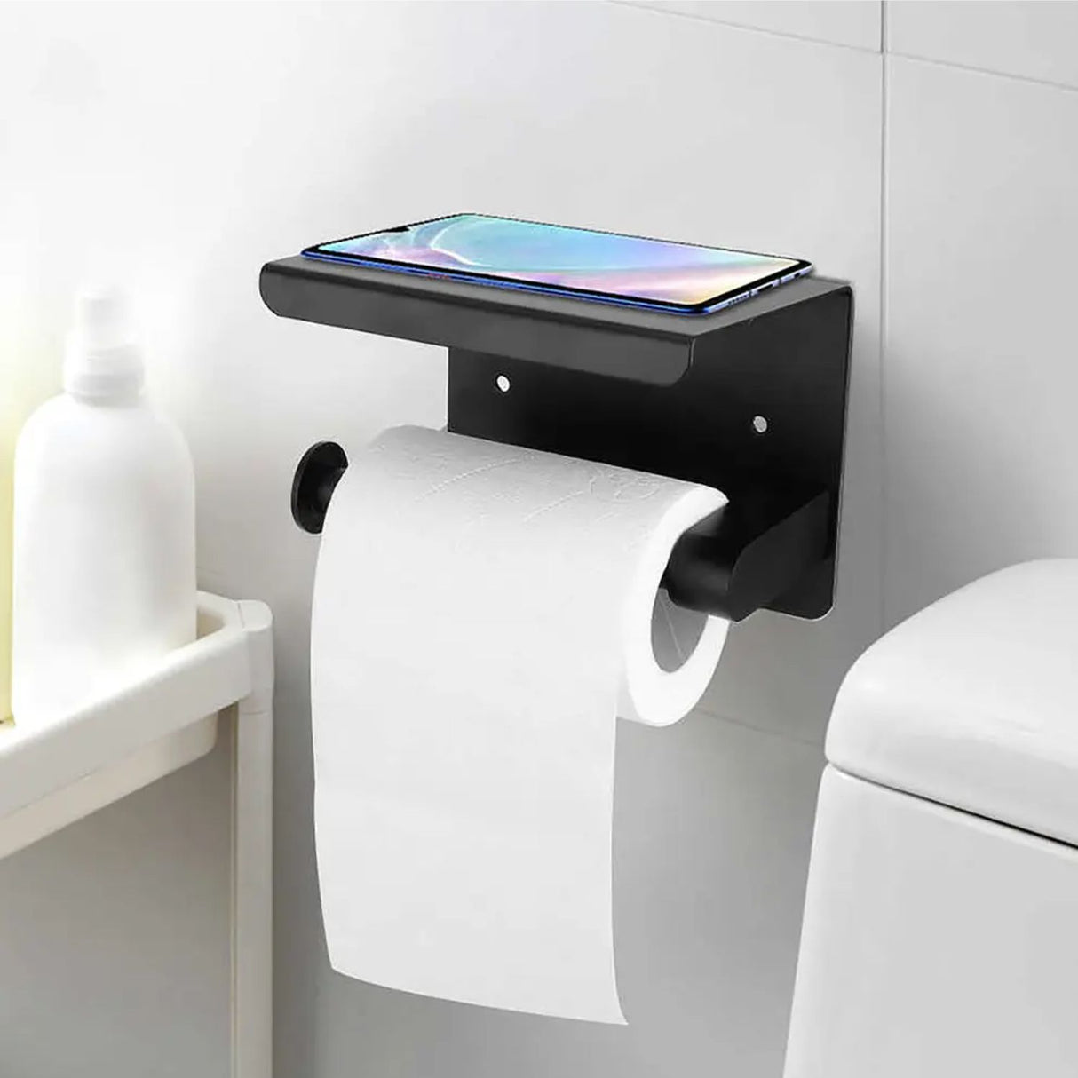 Porta Rollo con Soporte para Celular - Negro Mate en Acero Inoxidable SUS 304