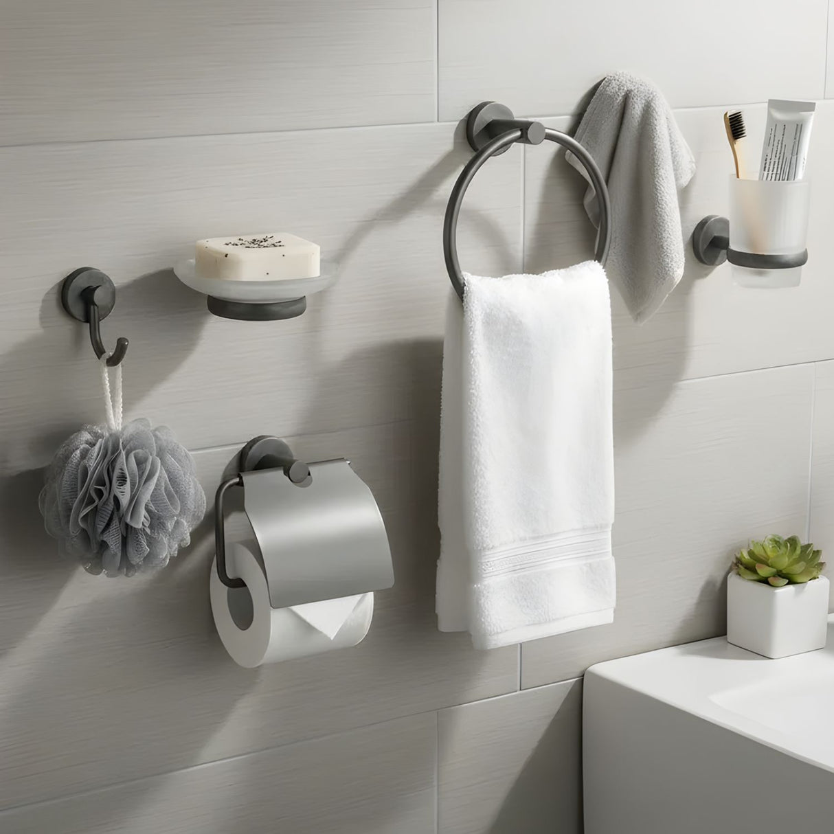 Juego Accesorios Baño Singolo X 6 Gris Concreto Diseño Moderno