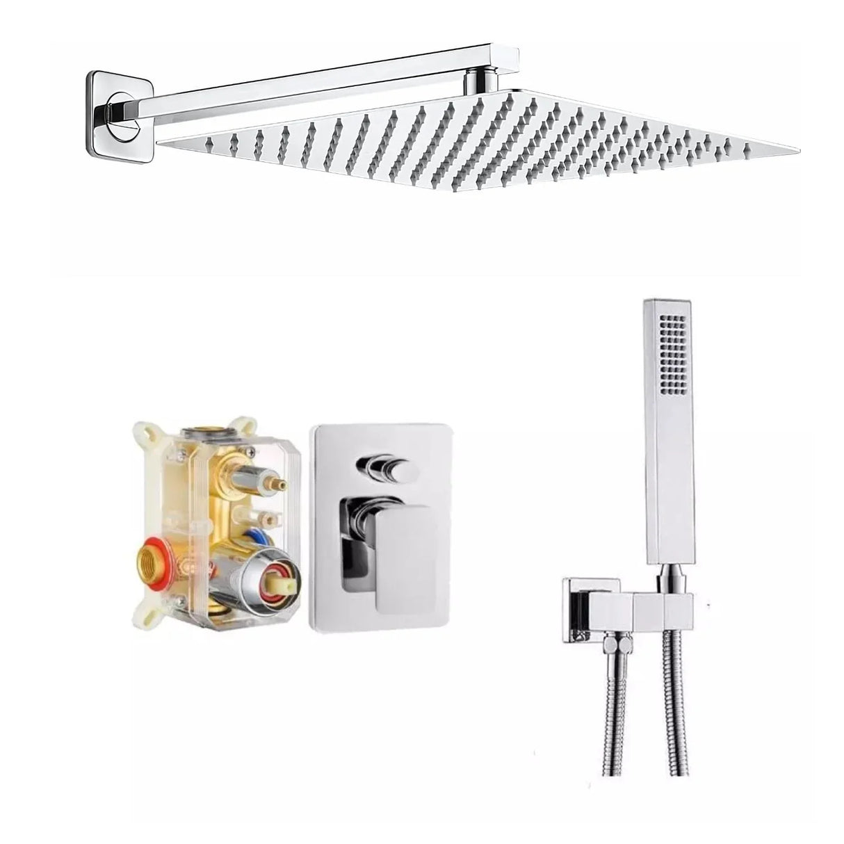 Kit Grifería Ducha Monocontrol con Regadera de 25 cm y Ducha Teléfono con Soporte Cromo.