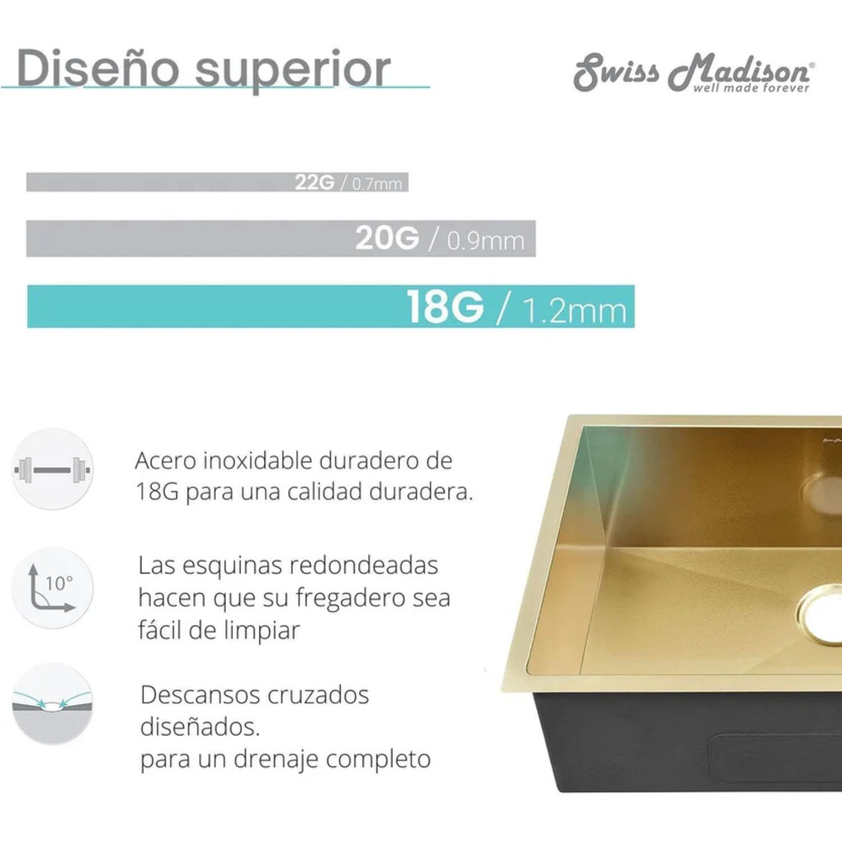 Lavaplatos Empotrado Acero Inoxidable Dorado Mate Una Cubeta 60x45