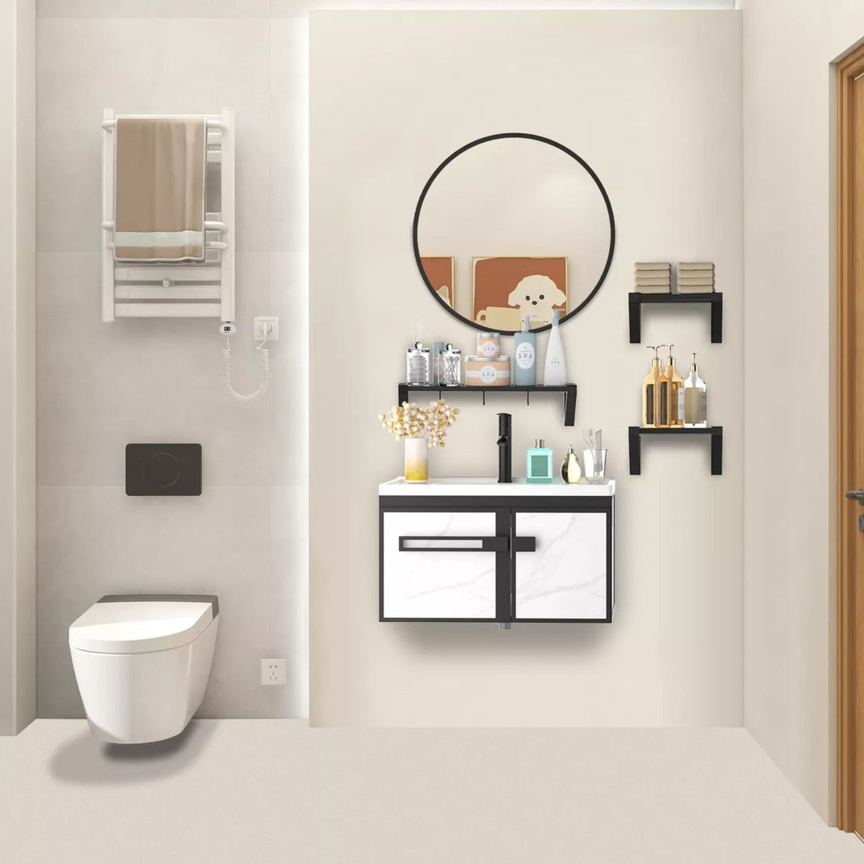 Set Lavamanos + Espejo PVC Negro/Blanco - Mueble 2 Puertas Moderno