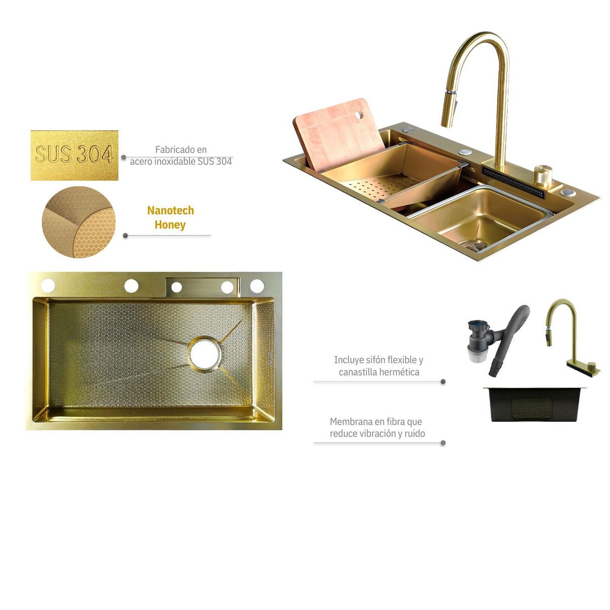 Lavaplatos Oro Golden con Grifería y Accesorios - Acero SUS304 - 75x46 cm