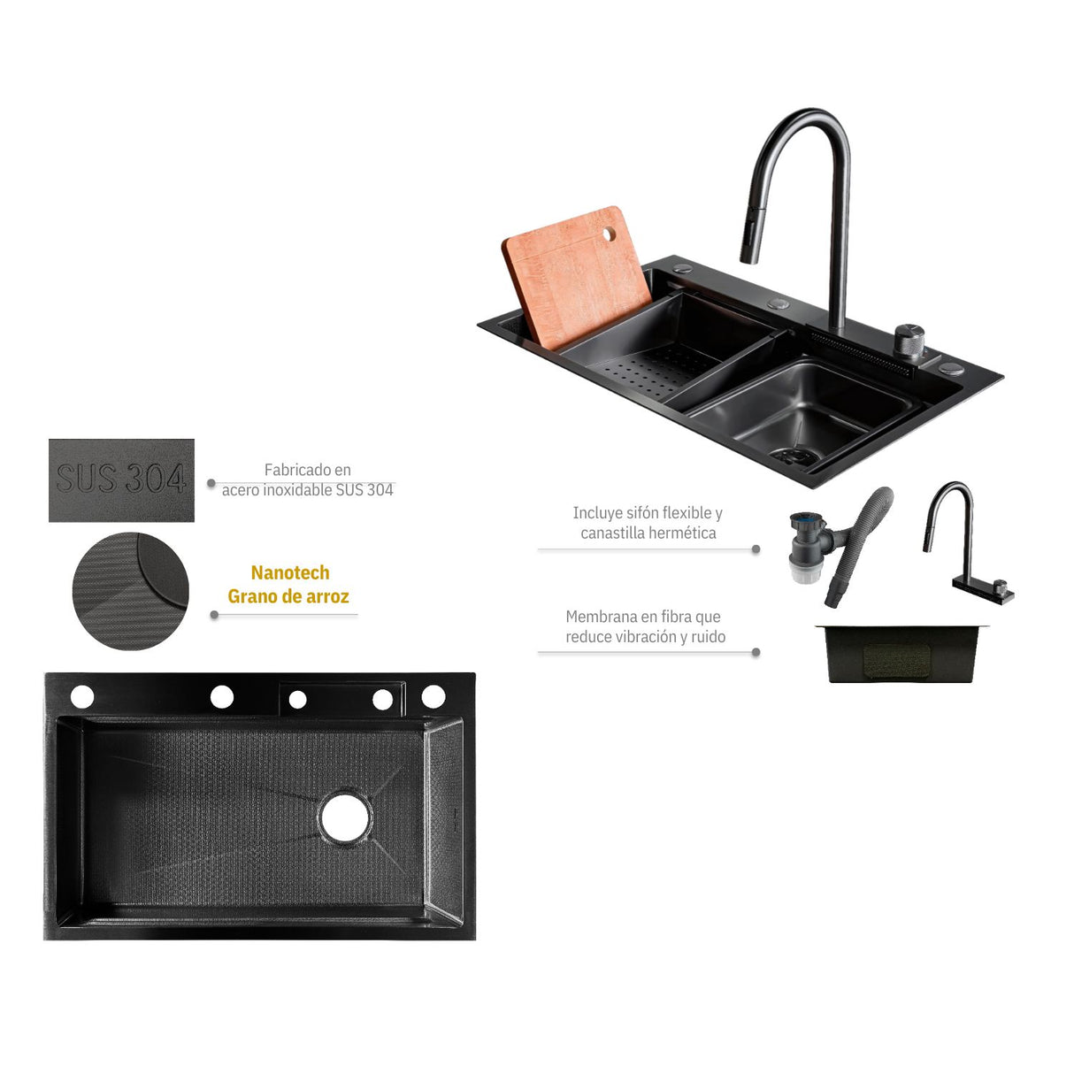 Lavaplatos Negro con Grifería y Accesorios - Acero SUS304 - 75x46 cm
