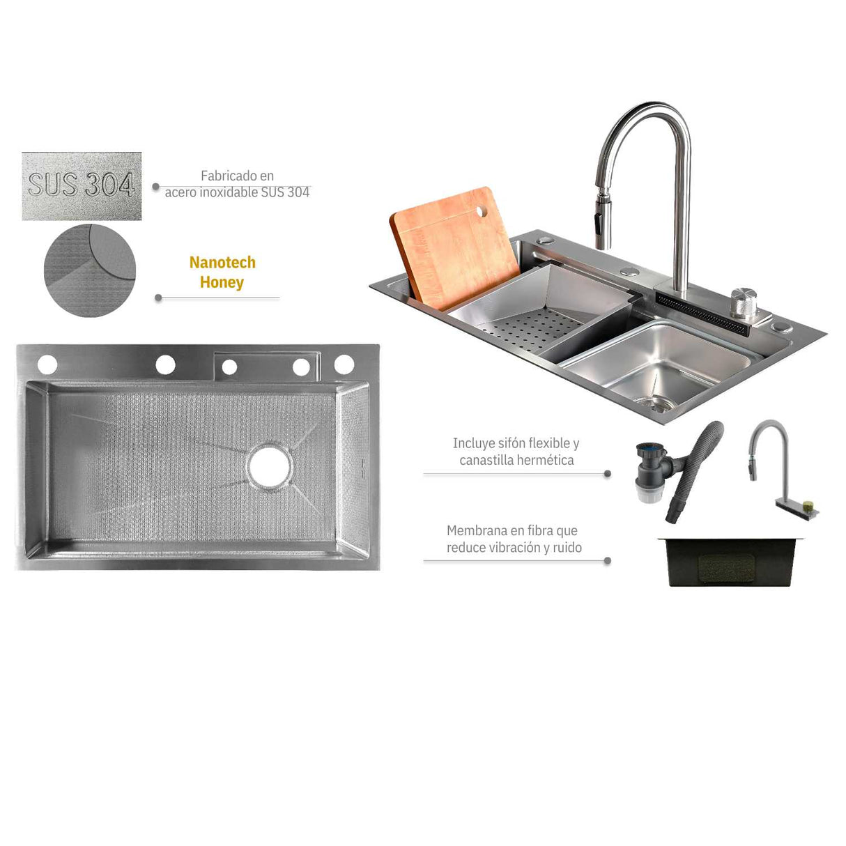 Lavaplatos Inteligente Acero Natural con Grifería y Accesorios - Acero SUS304 - 75x46 cm