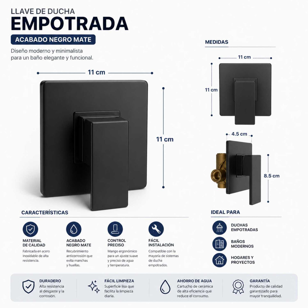 Grifería Ducha Monocontrol Negra Cuadrada Bronce Mate 12 x 12 cm | Mezclador Empotrado Universal 1/2"