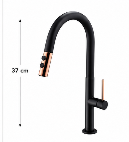 Grifería lavaplatos extraíble negra con detalles rosa, altura 37 cm