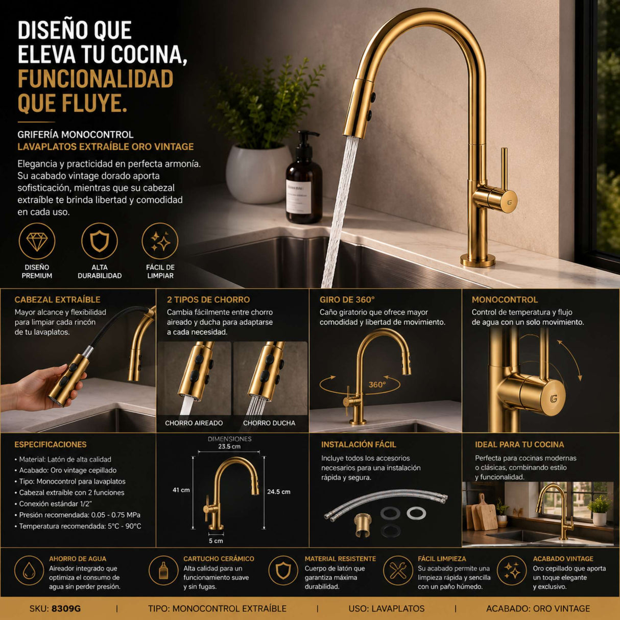 Grifería Lavaplatos Extraíble Oro Vintage | Monocontrol Flexible para Cocina Moderna