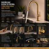 Grifería Lavaplatos Extraíble Oro Vintage | Monocontrol Flexible para Cocina Moderna