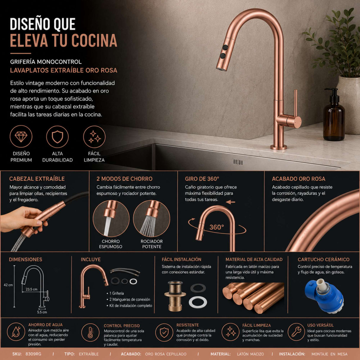 Grifería Lavaplatos Extraíble Oro Rosa Vintage | Monocontrol Flexible para Cocina Premium
