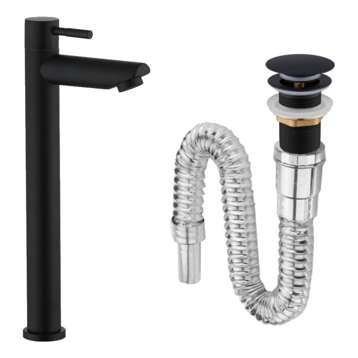 Kit Grifo Agua Fría Negra Lavamanos Canoa Beige Y Desagüe