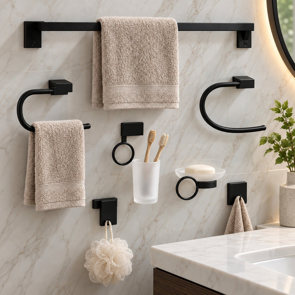 Juego De Accesorios De Baño Plano Negro 6 Piezas