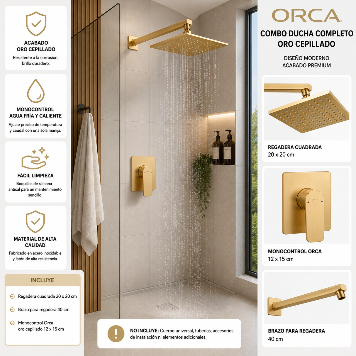 Conjunto de Ducha Orca Oro Cepillado con Monocontrol, Regadera 20 × 20 cm y Brazo de 40 cm