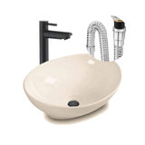 Kit Grifo Agua Fría Negra Lavamanos Canoa Beige Y Desagüe