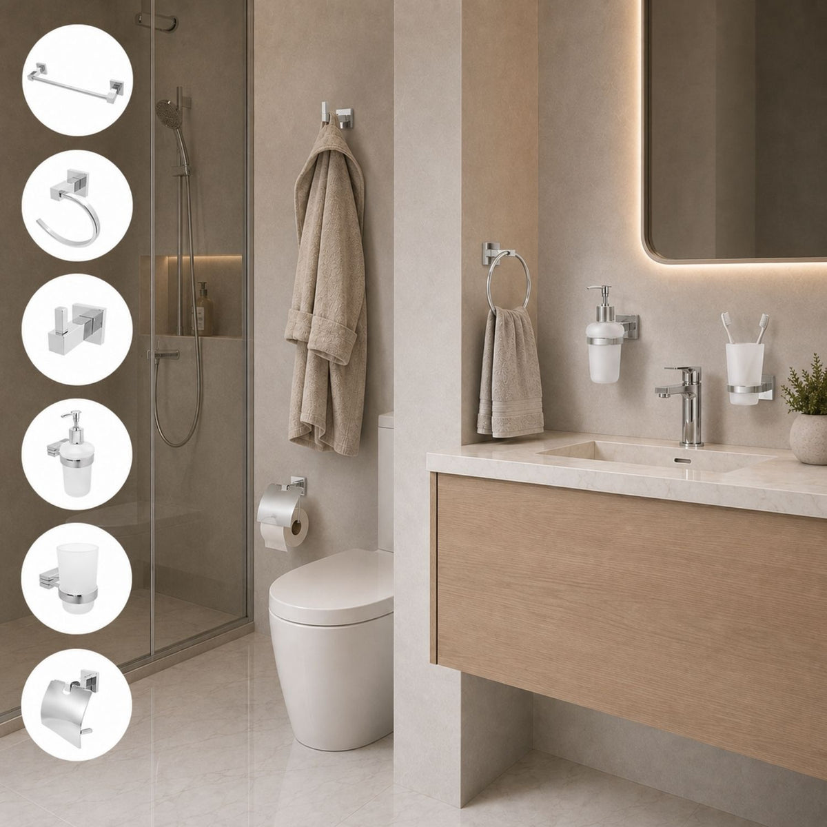 Kit de Accesorios de Baño Cromado de 6 Piezas