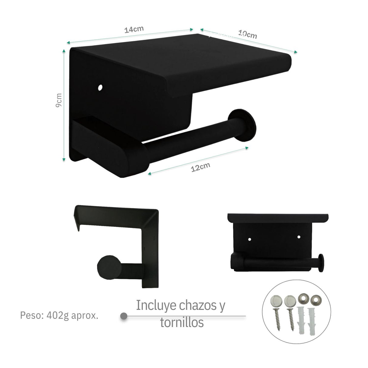 Porta Rollo con Soporte para Celular - Negro Mate en Acero Inoxidable SUS 304