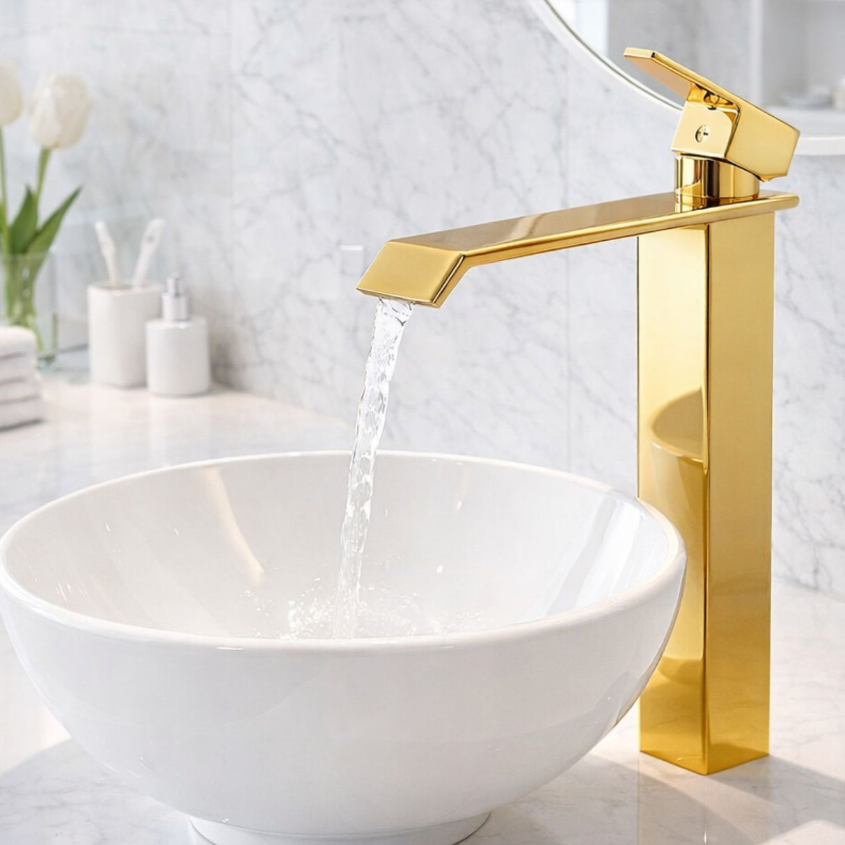 Grifería Lavamanos Alta Cascada Oro Brillante 28 cm de alto