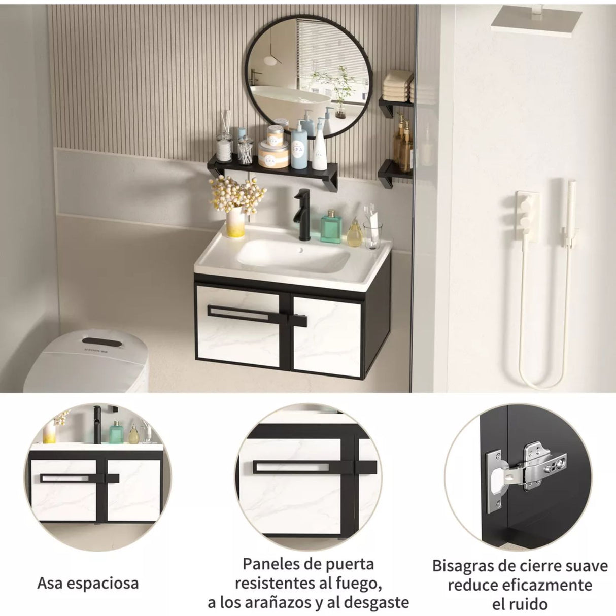 Set Lavamanos + Espejo PVC Negro/Blanco - Mueble 2 Puertas Moderno