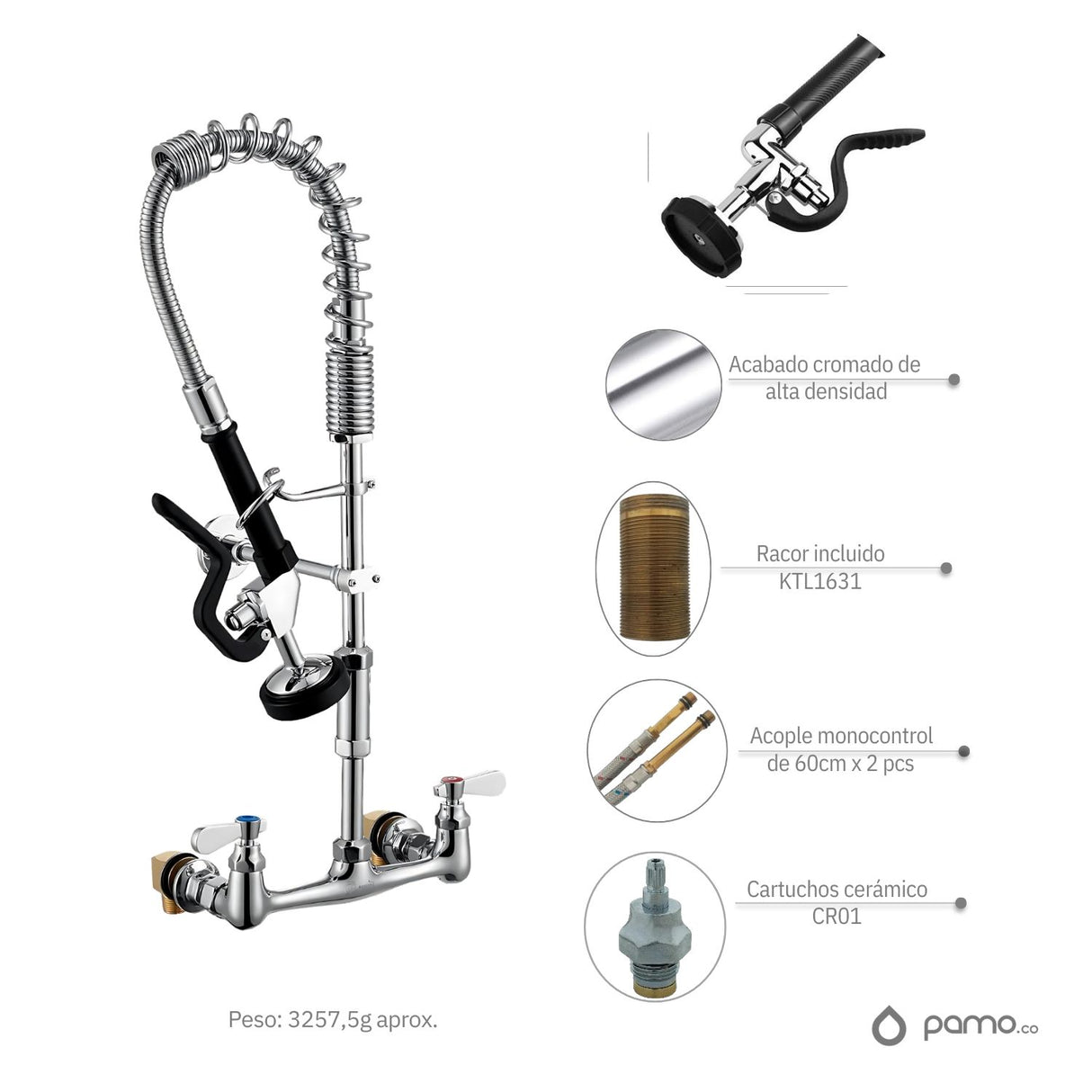 Grifería Cocina Industrial Pared Metálica - Cromo - 8” (20 cm) - Racores Ajustables