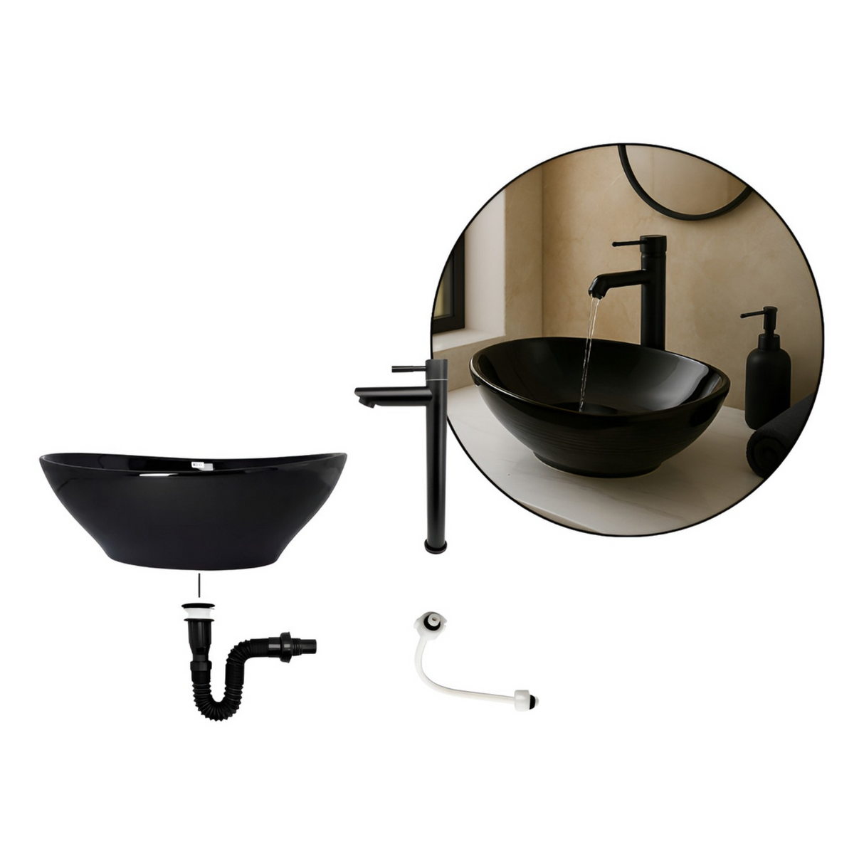 Combo Lavamanos Canoa Negro + Griferia Agua Fria+ Push Negro Negro Brillante