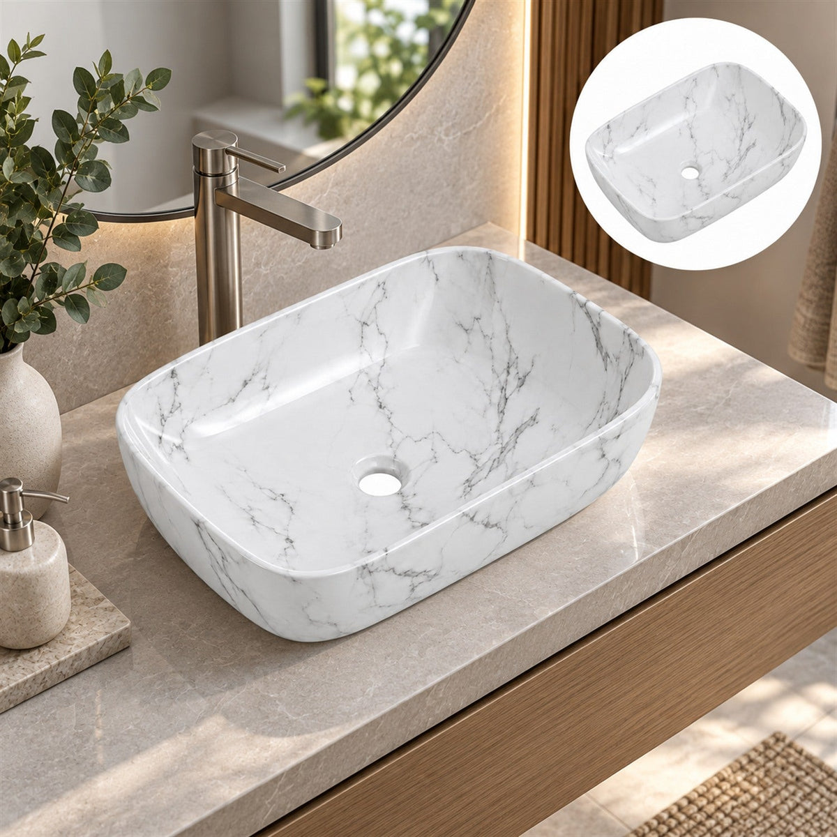 Lavamanos Rectangular Calacata 45,5 X 32,5 X 13,5 Cm en ambiente de baño, vista amplia