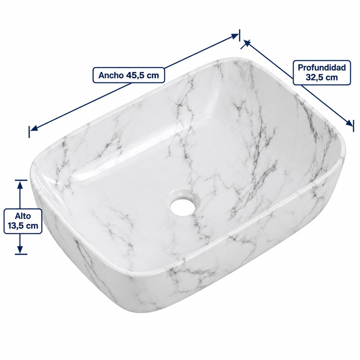Medidas de Lavamanos Rectangular Calacata 45,5 X 32,5 X 13,5 Cm