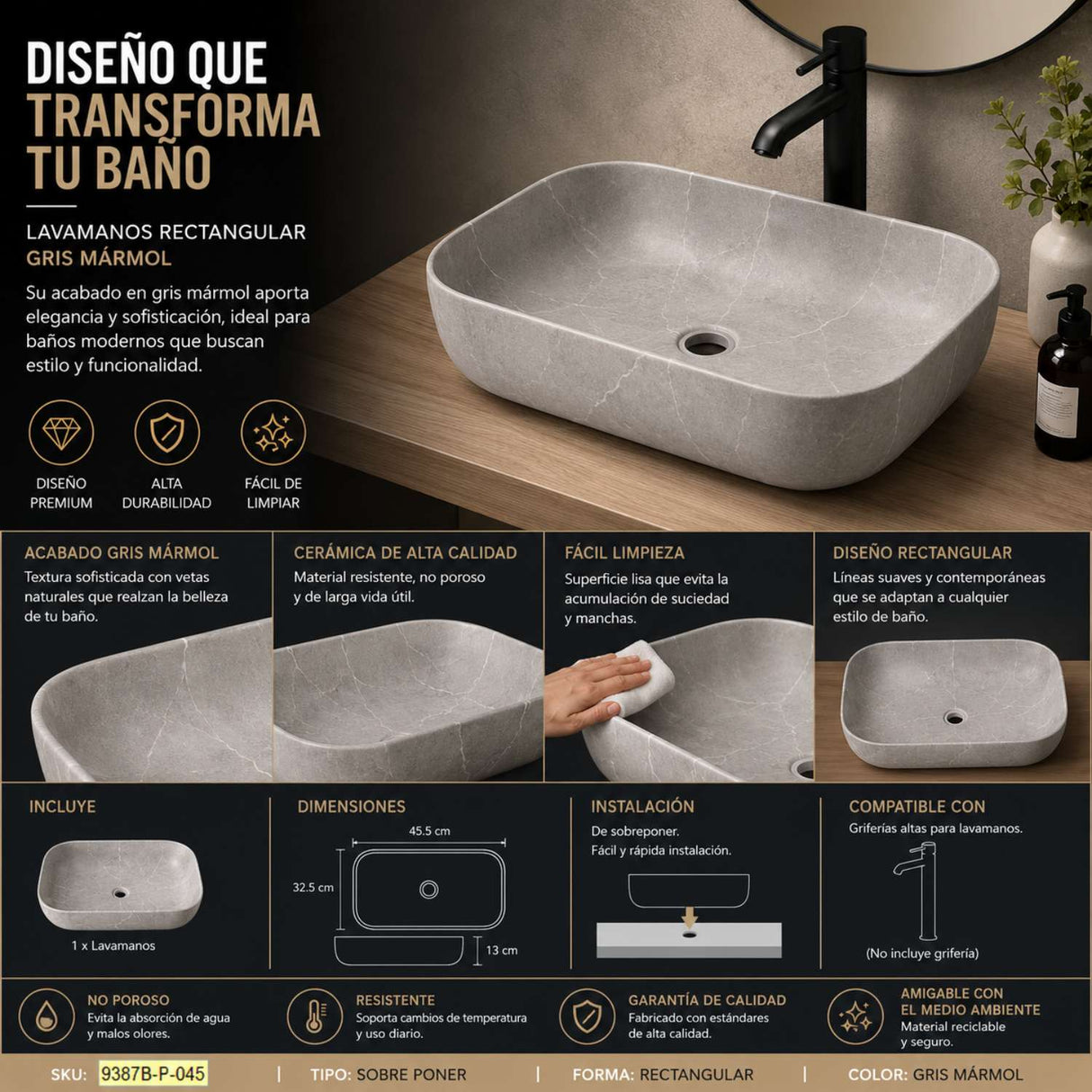 Lavamanos Sobreponer Rectangular Gris 45.5 x 32.5 x 13.5 cm | Diseño Moderno para Baño
