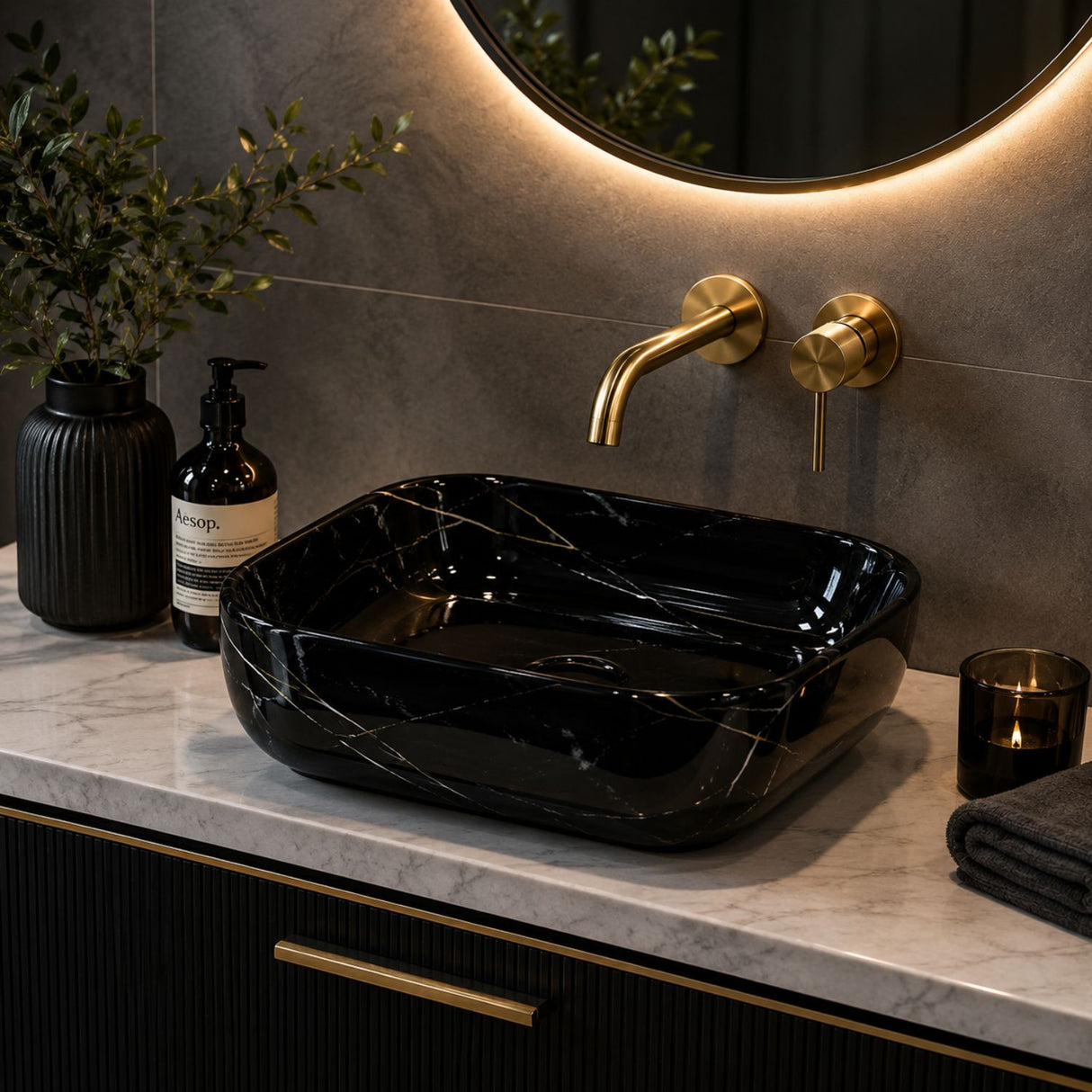Lavamanos Sobreponer Rectangular Negro Brillante 45.5 x 32.5 x 13.5 cm | Diseño Moderno Premium