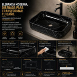 Lavamanos Sobreponer Rectangular Negro Brillante 45.5 x 32.5 x 13.5 cm | Diseño Moderno Premium