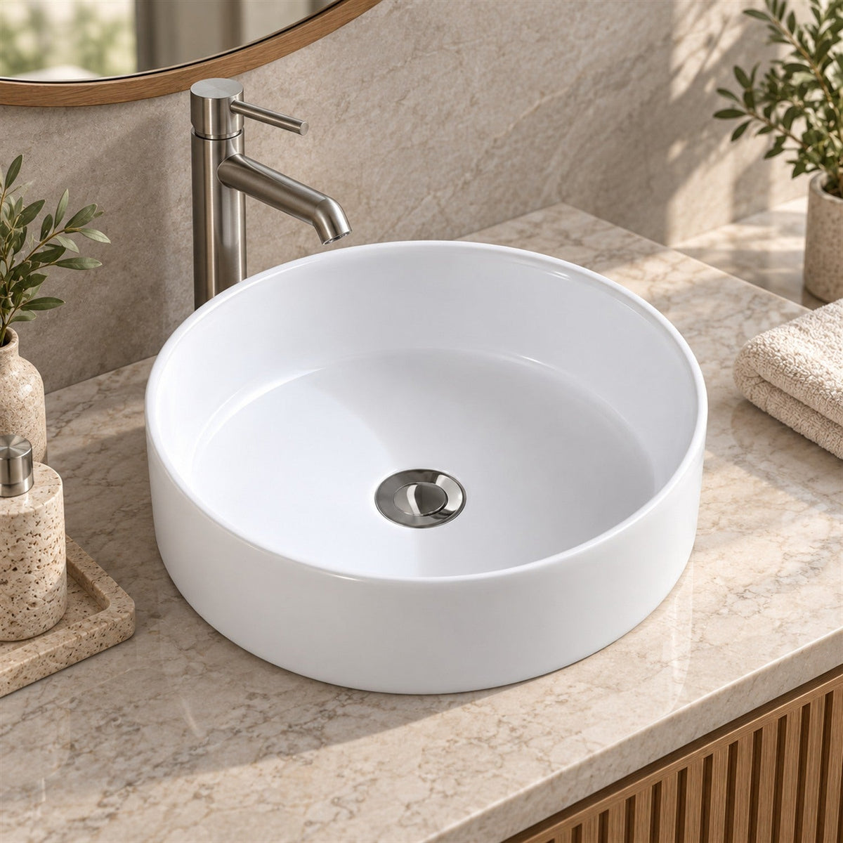 Lavamanos Olimpus Blanco 36 X 36 X 12 Cm en ambiente de baño, vista cercana
