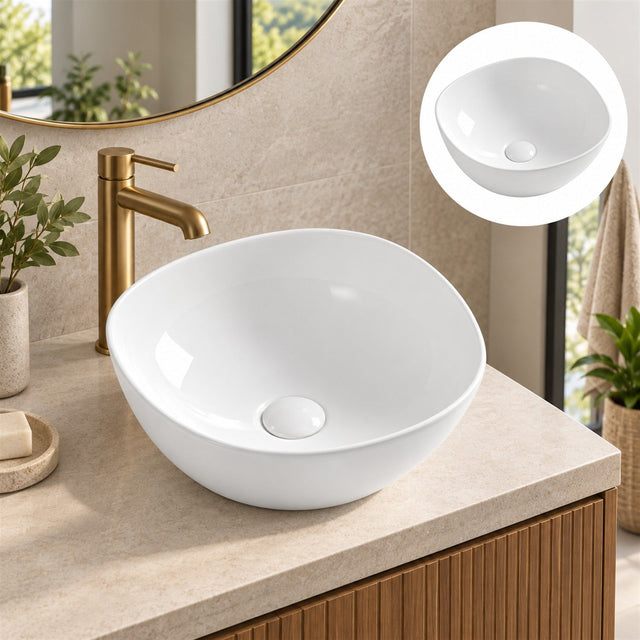 Lavamanos Sobreponer Andino Blanco 38 X 38 X 17 Cm en ambiente de baño, vista amplia
