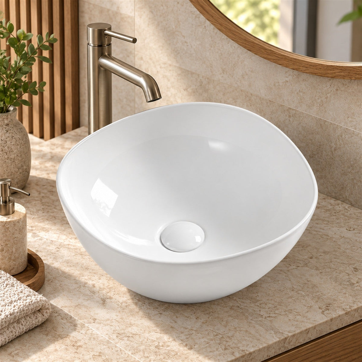 Lavamanos Sobreponer Andino Blanco 38 X 38 X 17 Cm en ambiente de baño, vista cercana