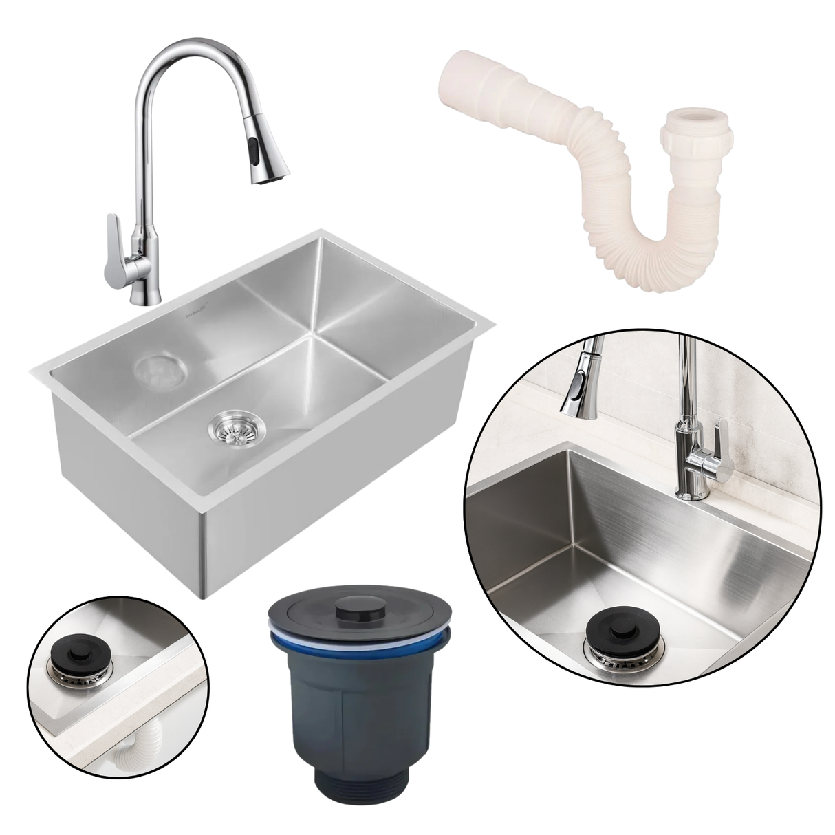 Kit Lavaplatos Lujo Acero 60X45 Grifería Canastilla Sifón