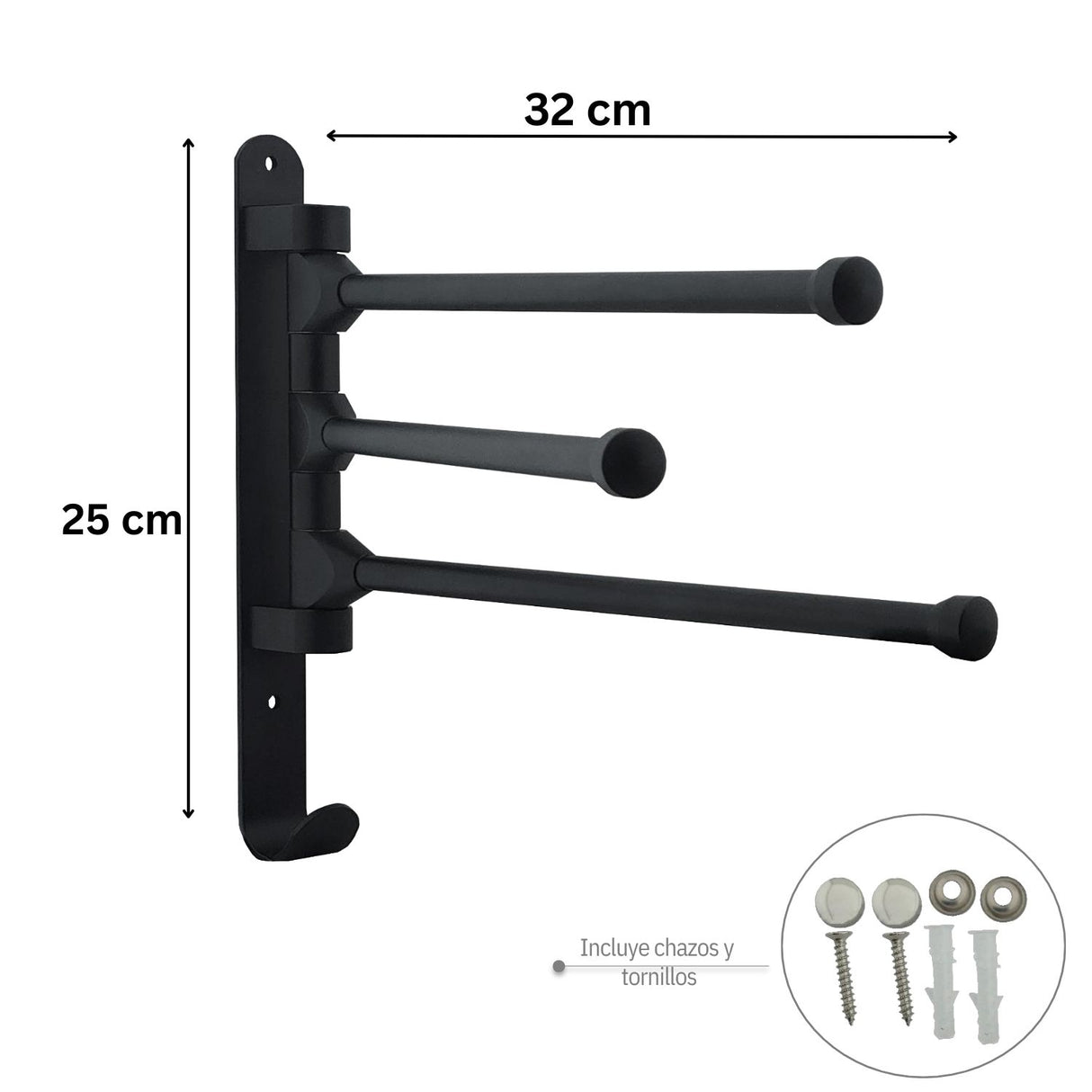 Toallero Giratorio 3 Barras Plegable 180° Negro, Aluminio Mate