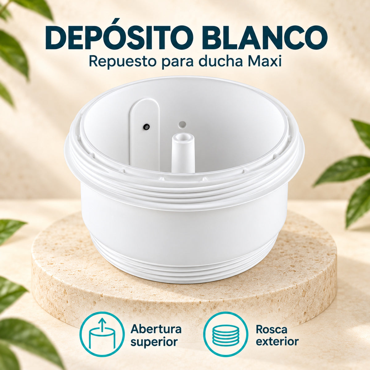Depósito blanco para ducha Maxi: abertura superior y rosca exterior