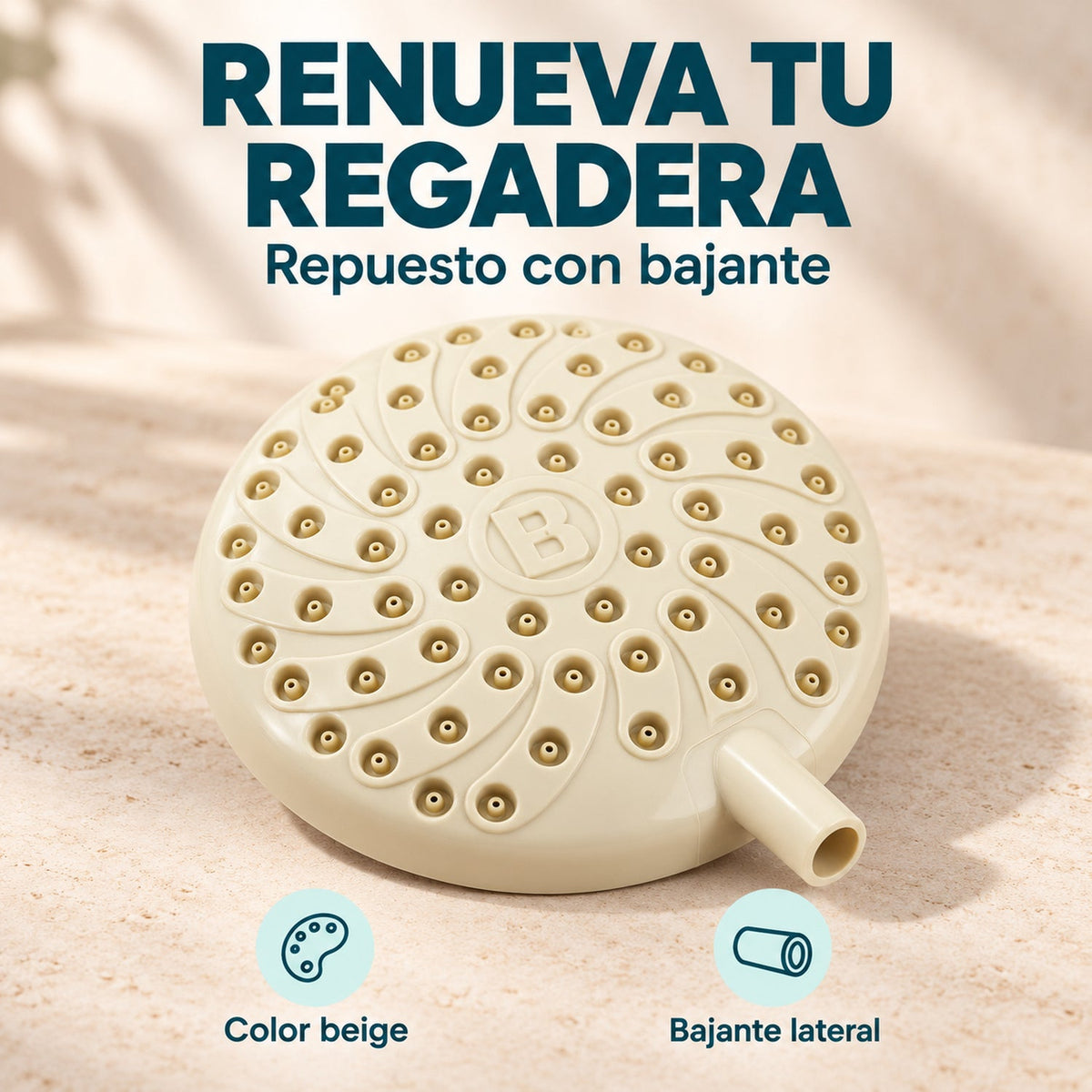 Características de la regadera de repuesto: color beige y bajante lateral