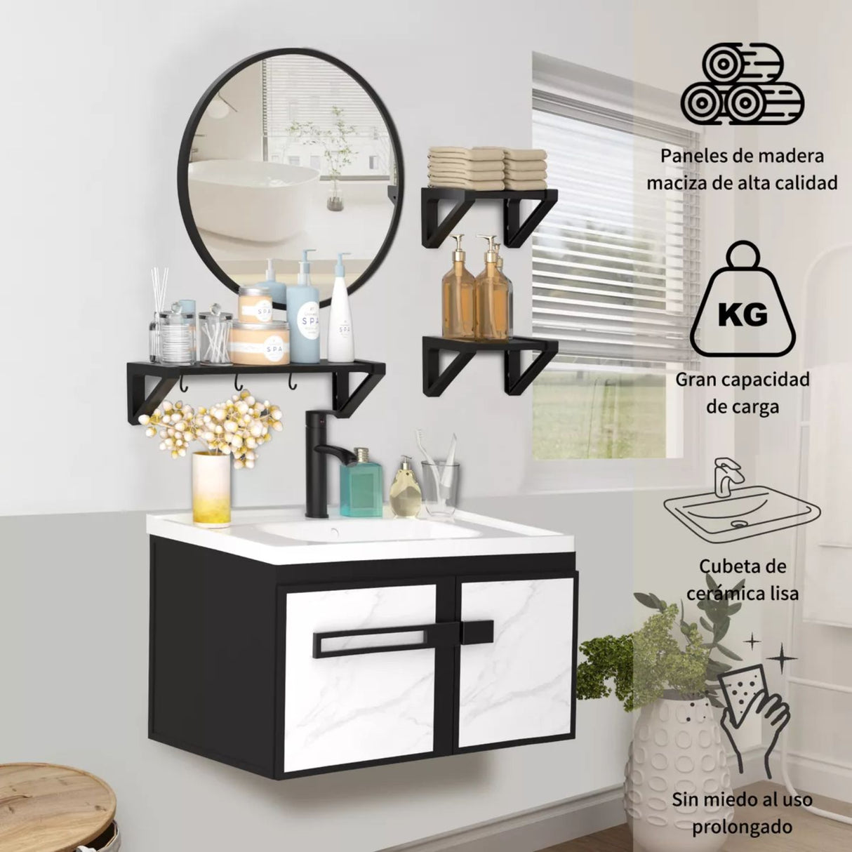 Set Lavamanos + Espejo PVC Negro/Blanco - Mueble 2 Puertas Moderno 70 cm