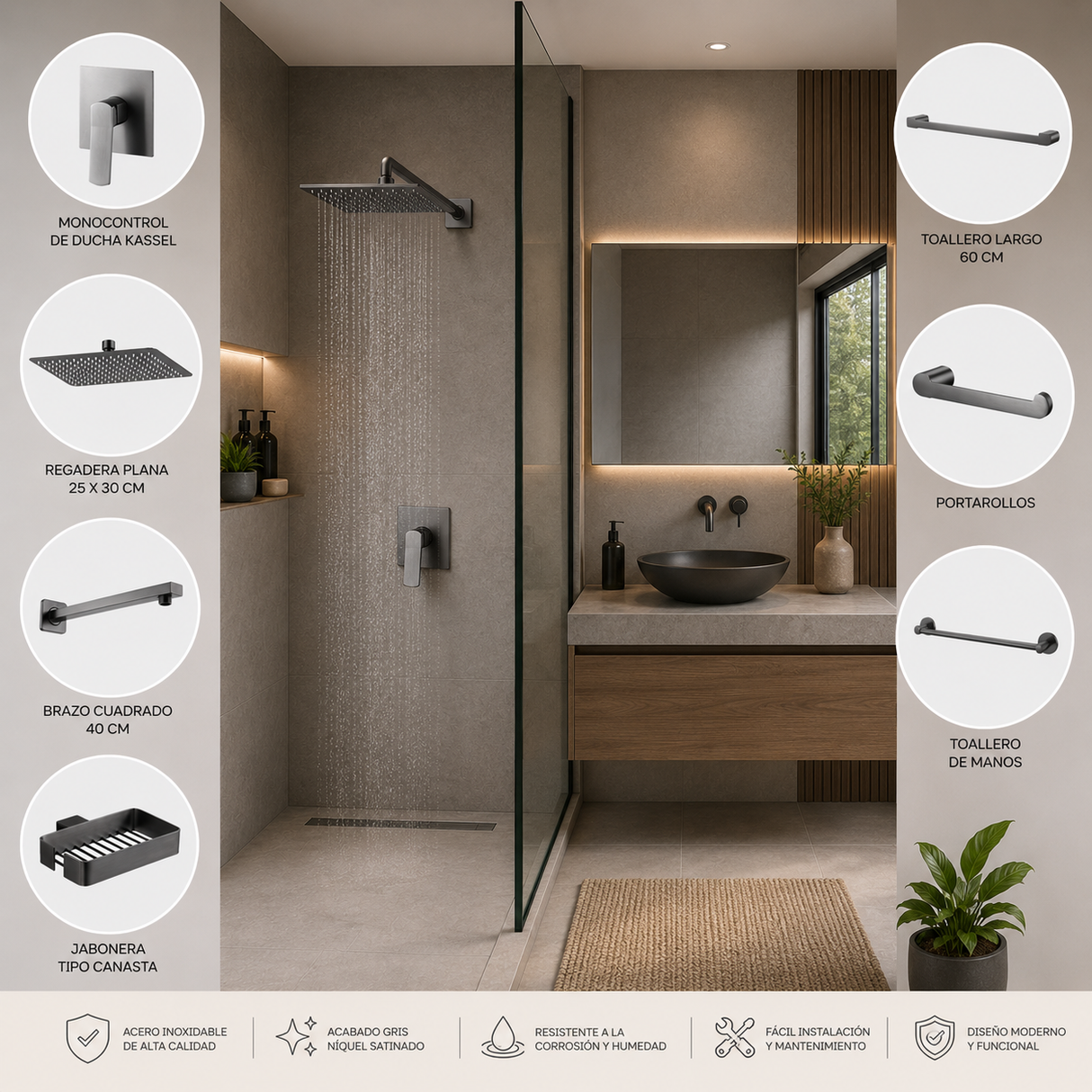 Combo Ducha y Accesorios Kassel Gris Níquel x7 Piezas
