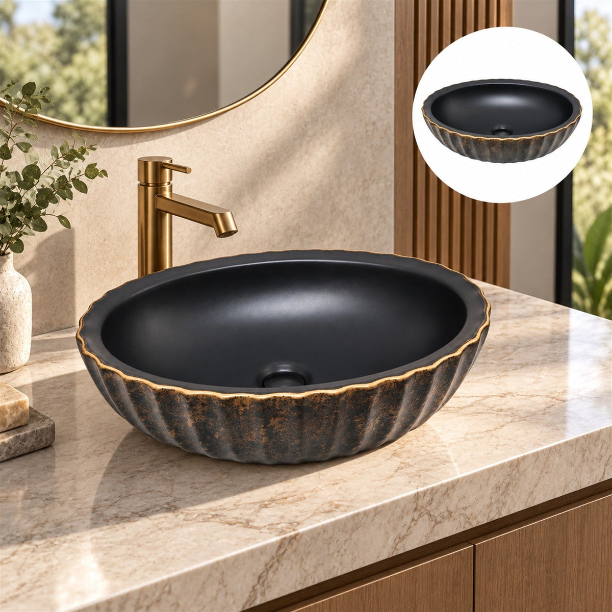 Lavamanos Atenas Negro Con Borde Dorado 47 X 32 X 13 Cm en ambiente de baño, vista amplia