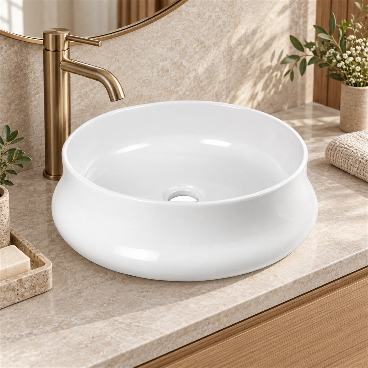 Lavamanos Loto Blanco 40 X 40 X 16 Cm en ambiente de baño, vista cercana