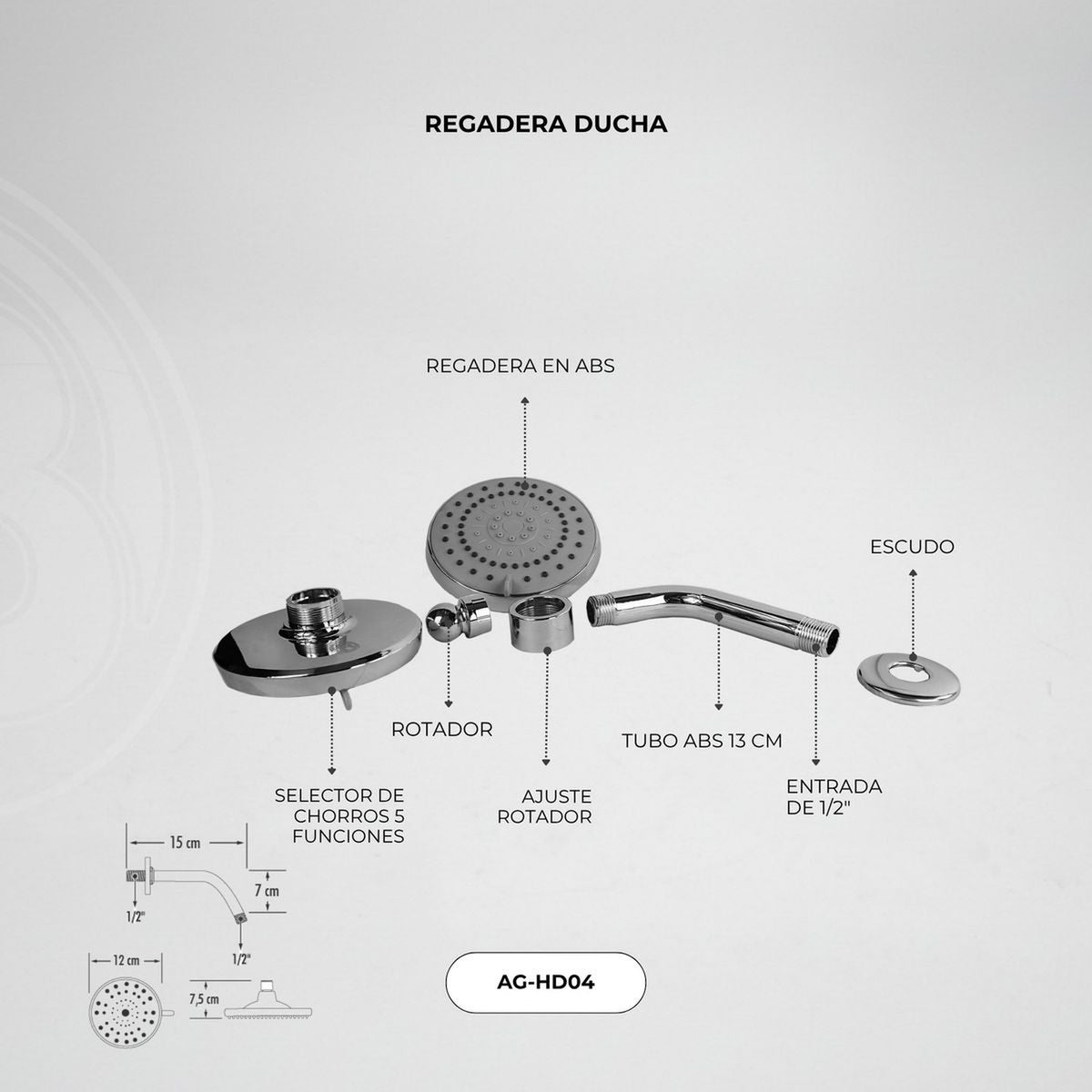 Ficha oficial AG-HD04: componentes, selector de cinco chorros y croquis original del fabricante