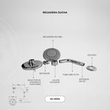 Ficha oficial AG-HD04: componentes, selector de cinco chorros y croquis original del fabricante