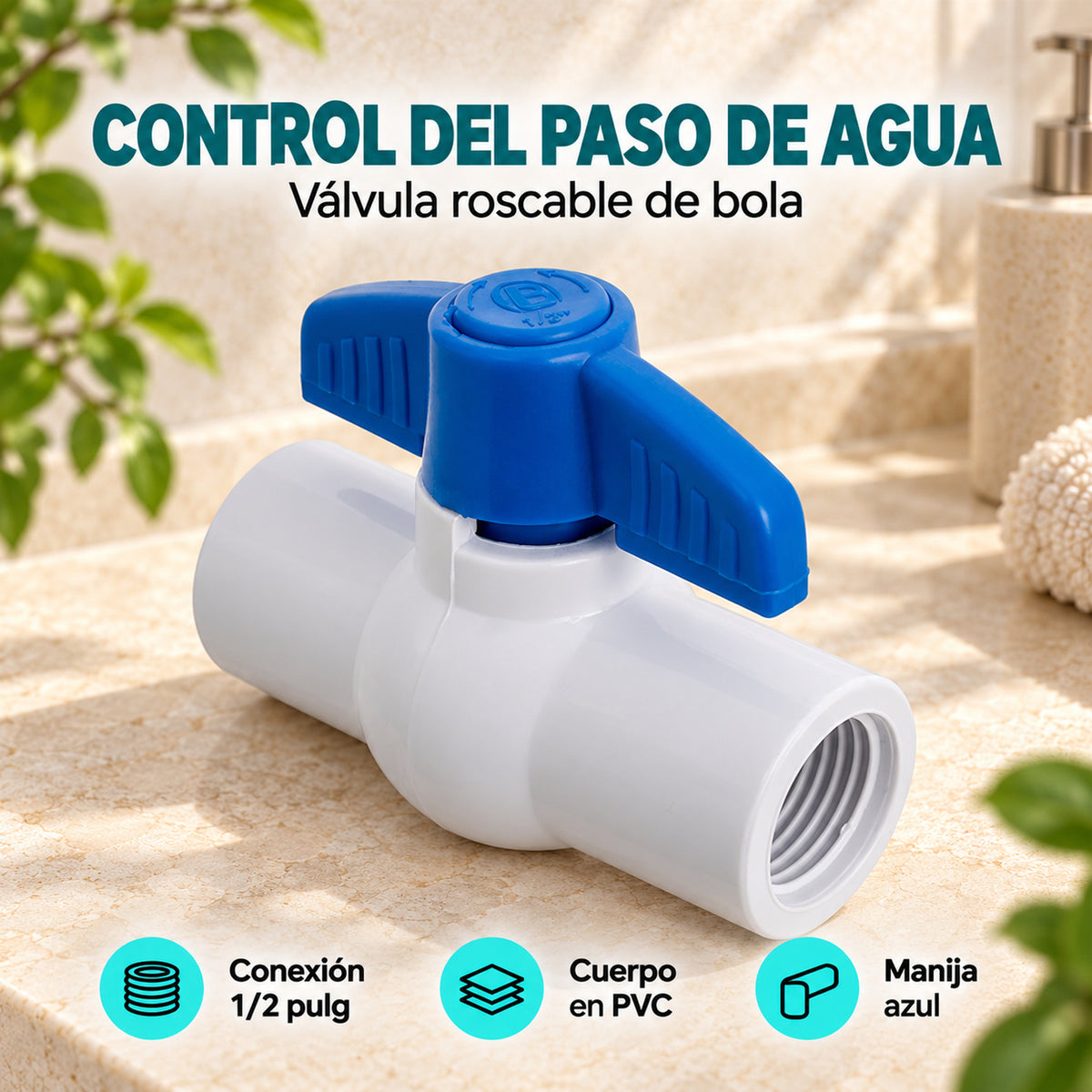 Válvula Roscable de Bola en PVC 1/2 pulg — características
